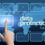 Data Protection concept with interface and world map on blue background