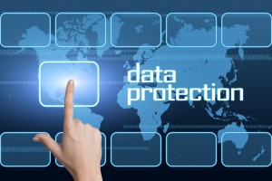 Data Protection concept with interface and world map on blue background